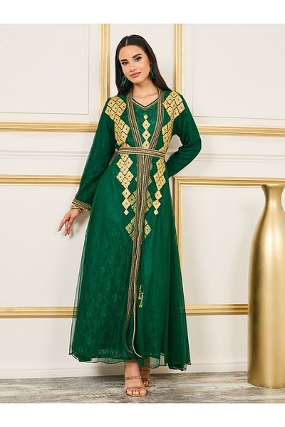 Maxim Creation By Styli All Over Lace Embroidered Rhinestone Detail Kaftan