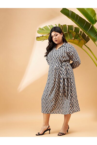 Sassafras By Styli Plus Geometric Print Wrap Midi Dress