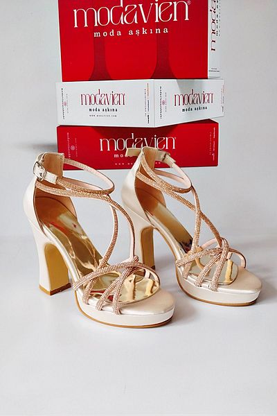 Modavien Women's Beige 10 cm Satin Stone Platform Shoes