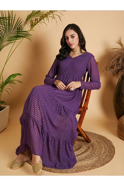 Sassafras By Styli Foil Print Tiered Maxi Dress