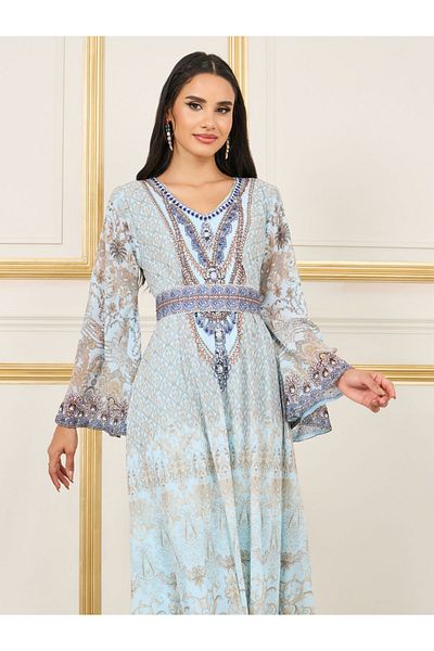 Maxim Creation By Styli Rhinestone Detail Digital Print Belted Jalabiya