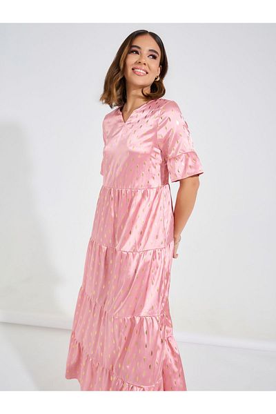 Causey By Styli Foil Print Tiered Maxi Dress
