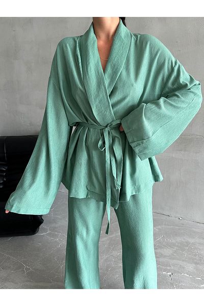 Laluvia Mint šálový límec Kimono a kalhoty Set