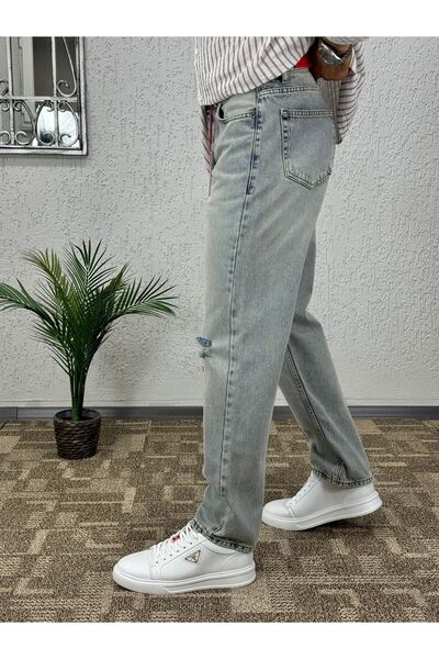 DENIM MAN Erkek Mavi Baggy Kalıp Yırtık Detaylı Jean Pantolon