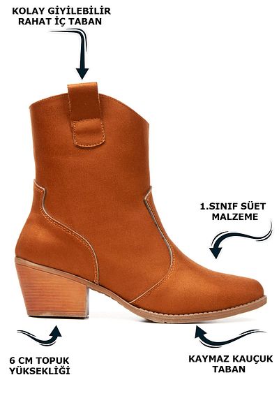 Limeo Handmade Pointed Tan Heeled Suede Women's Short Pull Simple Classic Cowboy Boots Bootie