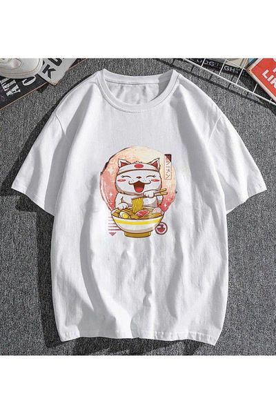 Pink Sky Λευκό μπλουζάκι Unisex Spaghetti Cat Oversize