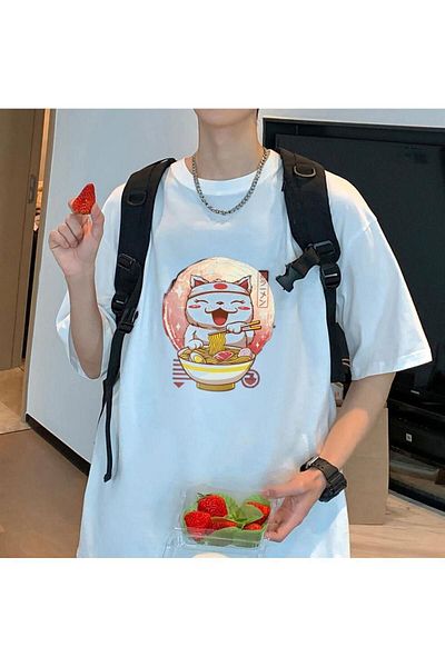 Pink Sky Λευκό μπλουζάκι Unisex Spaghetti Cat Oversize