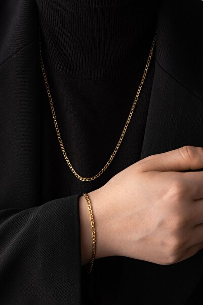 ByFlorya Jewelry Çelik İnce Set Figaro Zincir Kolye Bileklik Set Kararmaz 3mm Unisex 45cm&18cm