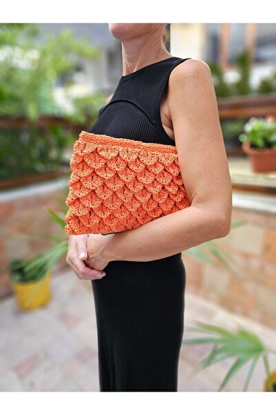 crafttatelier TURUNCU RENK EL ÖRGÜSÜ CLUTCH ÇANTA