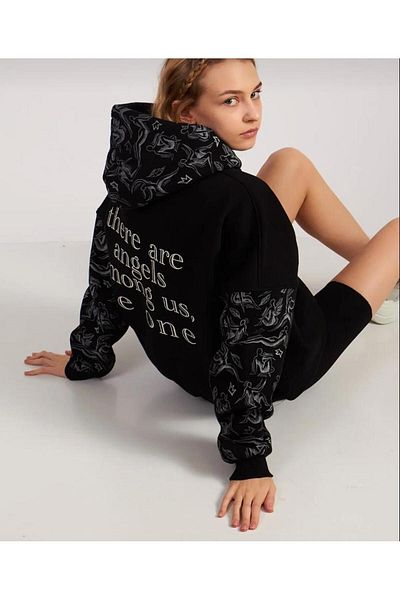 Machetta Angels Printed Oversize Hooded Women's Sweatshirt Hoodie - Pattern Detailed