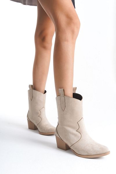 SEEM & BE Elvira Suede Embroidered Cowboy Beige Γυναικείες Μπότες - Western