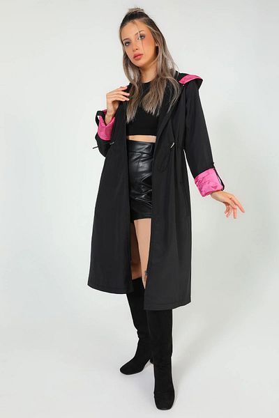 GÜLSELİ Women's Black Fuchsia Hooded Long Trench Coat - Elastic Waist