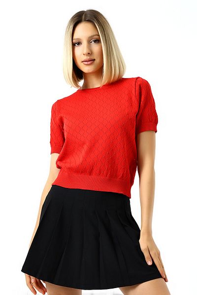 Devinka Women's Openwork Patterned Diamond Knitwear Blouse - Short Sleeve