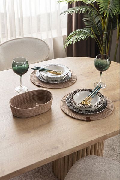 dekomall home & living 7 τεμάχια 100% βαμβάκι χειροποίητο - Σετ αμερικανικής σέρβις και καλάθι ψωμιού/μπεζ