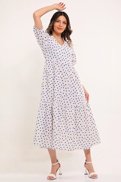 GÜLSELİ V-Neck Polka Dot Linen Women's Dress - Sax Blue