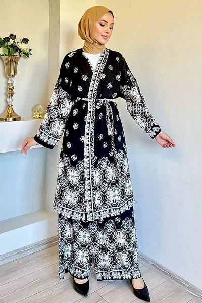 julude Kimono Hijab din viscoză și set dublu cu model negru