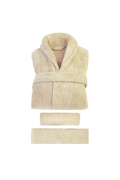 In House 3 Pieces Egyptian Cotton Bath Towel Set Includes: Robe + 2× Towels 140x70, 90x50 cm, Cream
