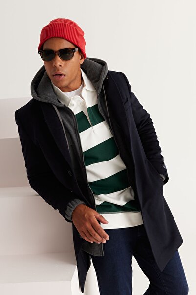 ALTINYILDIZ CLASSICS Férfi sötétkék standard szabású, normál szabású, fekete-fehér galléros kasmír kevert gyapjúkabát