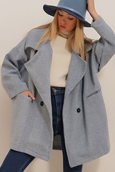 Ottawe Geniş Çentikli Ceket Yaka Düğmeli Rahat Balıksırtı Desen Çift Cep Tarz...