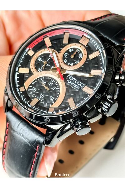 Ferrucci Black Leather Corded Men's Wristwatch and Rosary Bracelet - Gift