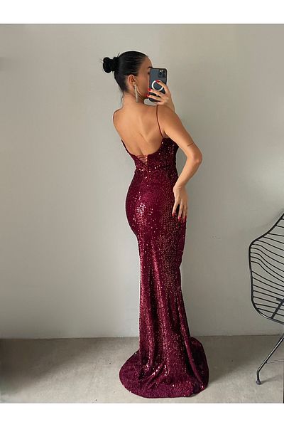 ALBATROS BUTİK Fish Model Sequin Thin Strap Women's Dress - Special Day