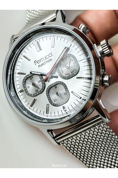 Ferrucci Men's Wristwatch and Bracelet Rosary - Silver Colored Wicker Cord