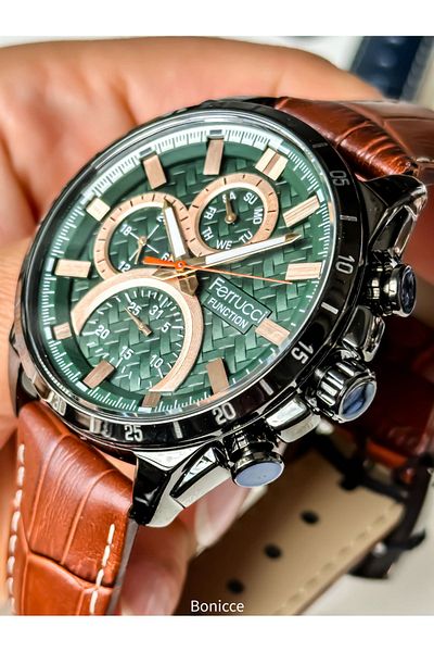 Ferrucci Men's Wristwatch - Leather Cord, Tan Function, Rosary Bracelet Gift