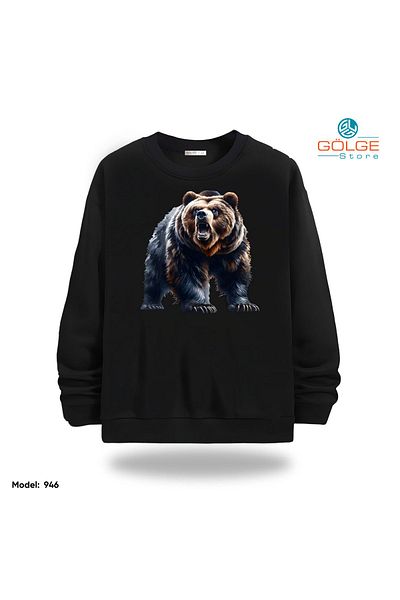 Gölge Store Angry Bear Chest Printed Slimfit Crew Neck 2 Thread Unisex Sweatshirt