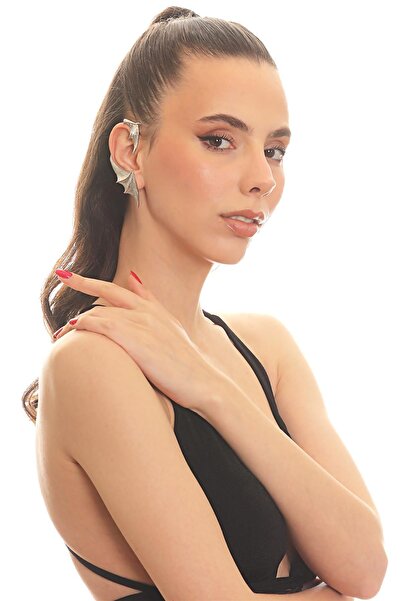 LABALABA Kadın Gümüş Renk Lak Kaplama Çivili Model Sağ Kulak Yarasa Earcuff&Kıkırdak Küpe