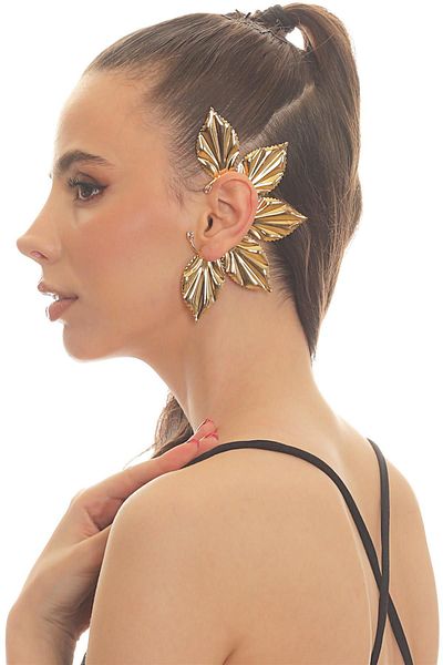 LABALABA Women's Gold Color Lacquer Plated Zircon Stone Leaf Stylized Left Ear Earcuff & Cartilage Earring