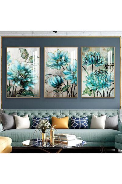 Linacci Set de pictură pe sticlă cu cadru metalic triplu auriu, flori albastre