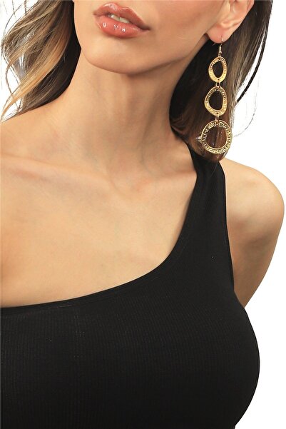 LABALABA Kadın Mat Altın Kaplama Baskılı 3'lü Dairsel Formlu Sallantılı Model Küpe