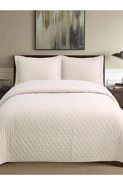 YGT Home Vera Velvet Double Bed Cover Set - Cream 240X260, Flounced Pillow