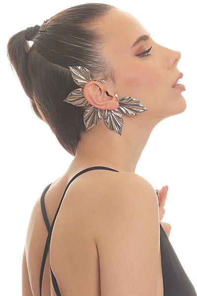 LABALABA Women's Silver Color Lacquer Plated Zircon Stone Leaf Stylized Right Ear Earcuff & Cartilage Earring