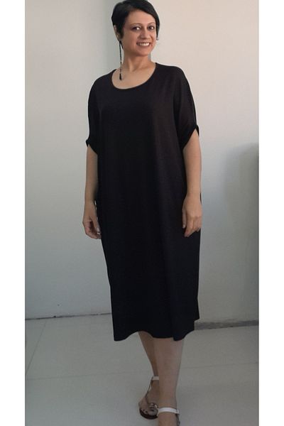 Mertcan Butik Φόρεμα με μανίκι νυχτερίδας μαύρο χτενισμένο βισκόζη - μανίκι αγκώνα