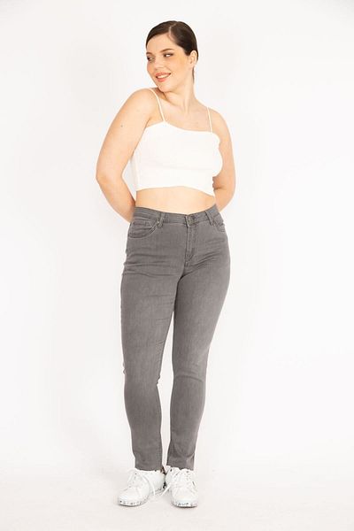 Şans Women's Gray Large Size Lycra 5 Pocket Jeans 65n36128