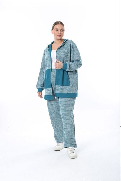 Şans Turquoise Thessaloniki Size Women's Tracksuit Set - Steel Knitted Hood 65N38326