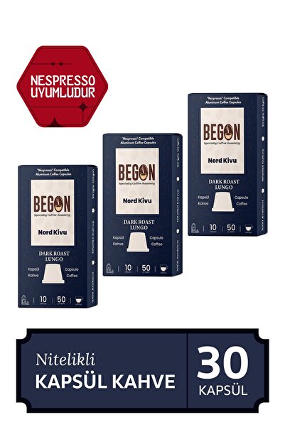 BEGON كبسولات نورد كيفو من الألومنيوم مع نسبريسو، 30 قطعة لونجو مشوي داكن