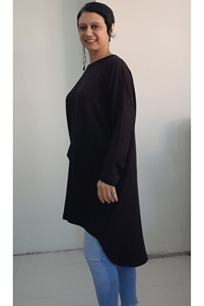 Mertcan Butik Μαύρο τουνίκ βισκόζης - μανίκι νυχτερίδας και μονή τσέπη