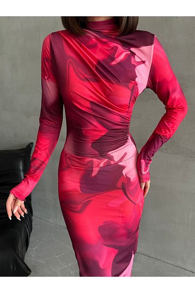ELBEY Sandy Digital Printed Long Dress - Half Turtleneck, Gather Detail, Long Sleeve