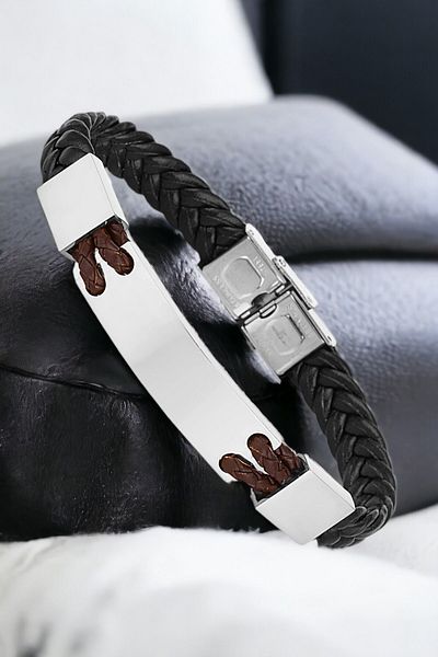 Daniel Klein Men's Bracelet - Genuine Leather, Stainless Steel Detail, Black Clip Buckle Dkeblk2001C1