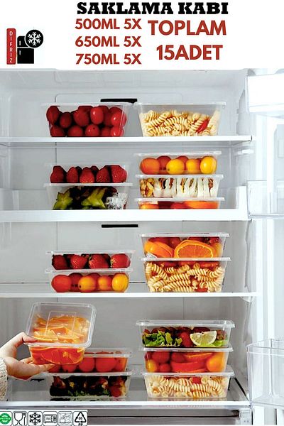 PONÇİK STORE 500ml 650ml 750ml with Lid, Leak Proof Storage Container - Set of 15 5 Pieces, Suitable for Deep Freezer and Microwave