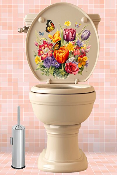 Echo Home Klozet Sticker Renkli Güller Demeti ve Kelebekler Temalı Banyo Tuvalet Sticker