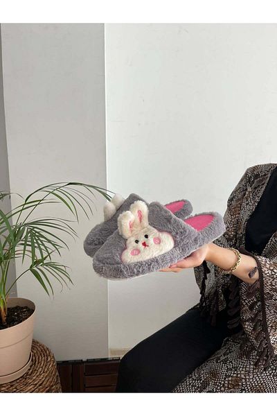 Behtah Kundura Plush Rabbit Figured Women's Home Slippers - Thick Sole with Dowry and Bundle Detail, Noiseless