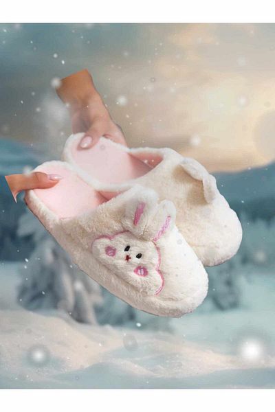 Behtah Kundura Plush Rabbit Figured Women's Home Slippers - Thick Sole with Dowry and Bundle Detail, Noiseless