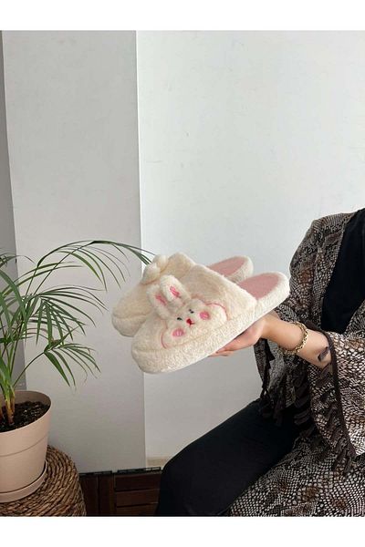 Behtah Kundura Plush Rabbit Figured Women's Home Slippers - Thick Sole with Dowry and Bundle Detail, Noiseless