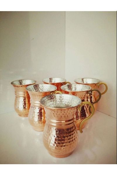 KAVELE 6-Piece Hand Forged Nostalgic Copper Ayran Cup Mug 6-Piece Hand Forged Copper Cup Set