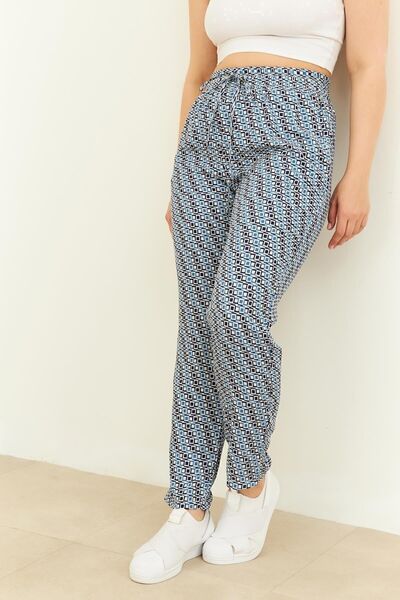 Curly Lacivert Desenli Dar Paça Pantolon
