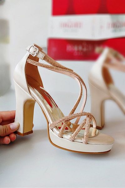 Modavien Women's Beige 10 cm Satin Stone Platform Shoes
