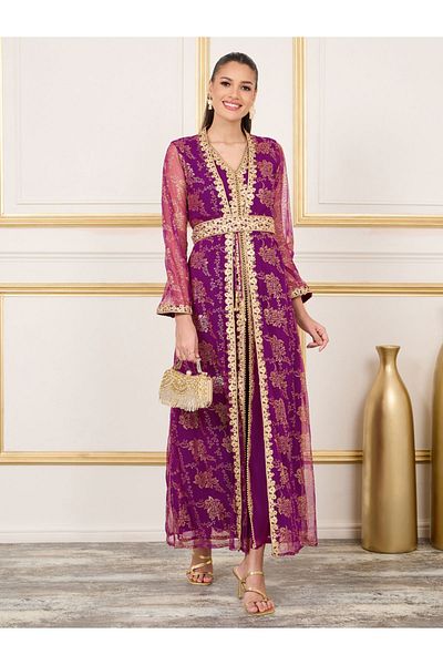 Maxim Creation By Styli Foil Print Embroidered Lace Detail Belted Kaftan